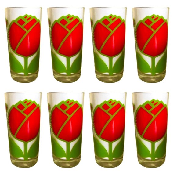 Set of 8 Eight Vintage MCM Colony Tulip Flower Olives Highball Drinking Glasses - Picture 1 of 11